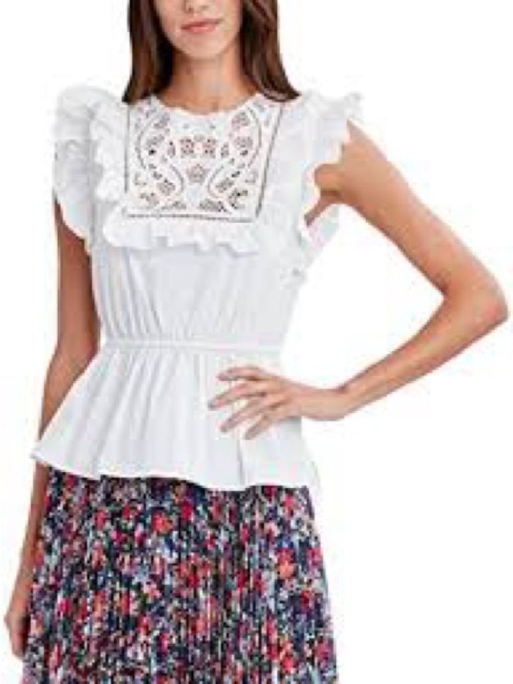 BCBGMaxAzria White Lace Yoke Ruffle Peplum Camisole